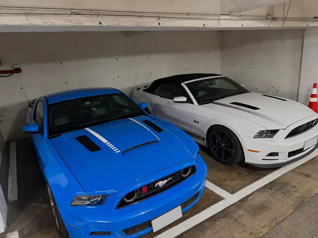 Mustang azul y convertible blanco estacionados juntos en Mall Sport