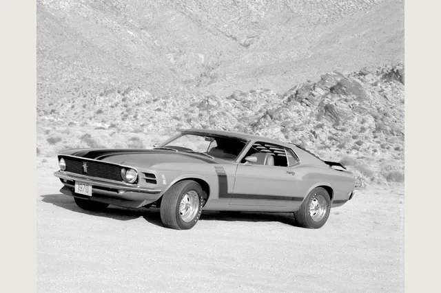 Boss 302 1970, fotografía de archivo Ford en blanco y negro.